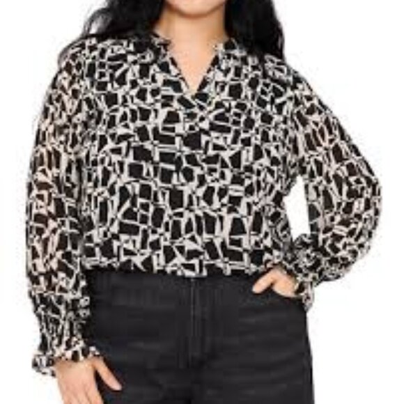 Vince Camuto Printed Puff-Sleeve Blouse - Size 1X – Black & White - 0134 - Picture 1 of 9